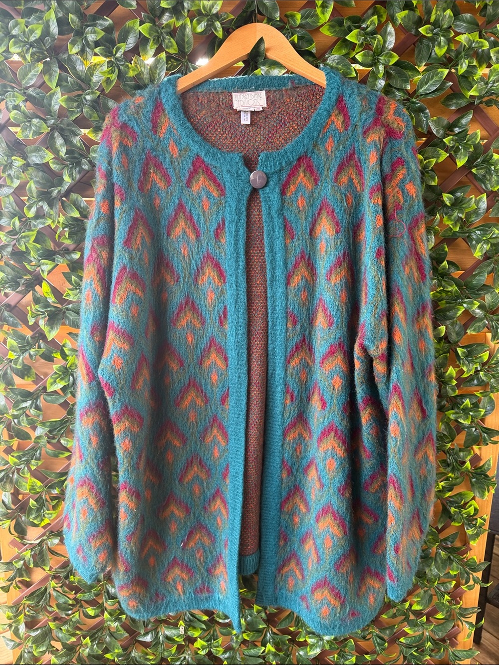 Vintage Teal Multi-Color Patterned Women's Cardigan Sweater